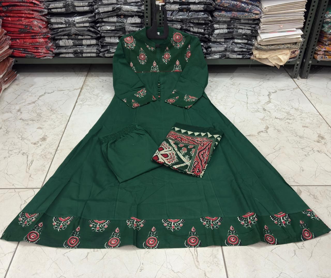 Flared Cotton Anarkali Kurta Set with Kantha Work & Dupatta