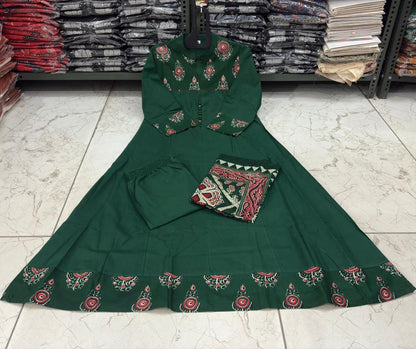 Flared Cotton Anarkali Kurta Set with Kantha Work & Dupatta