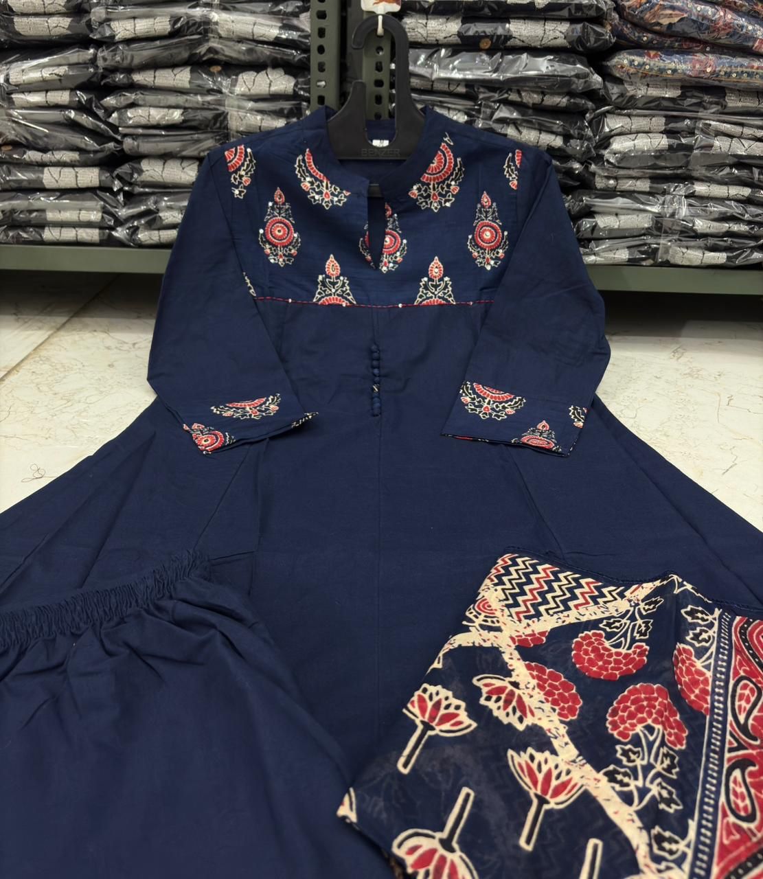 Flared Cotton Anarkali Kurta Set with Kantha Work & Dupatta
