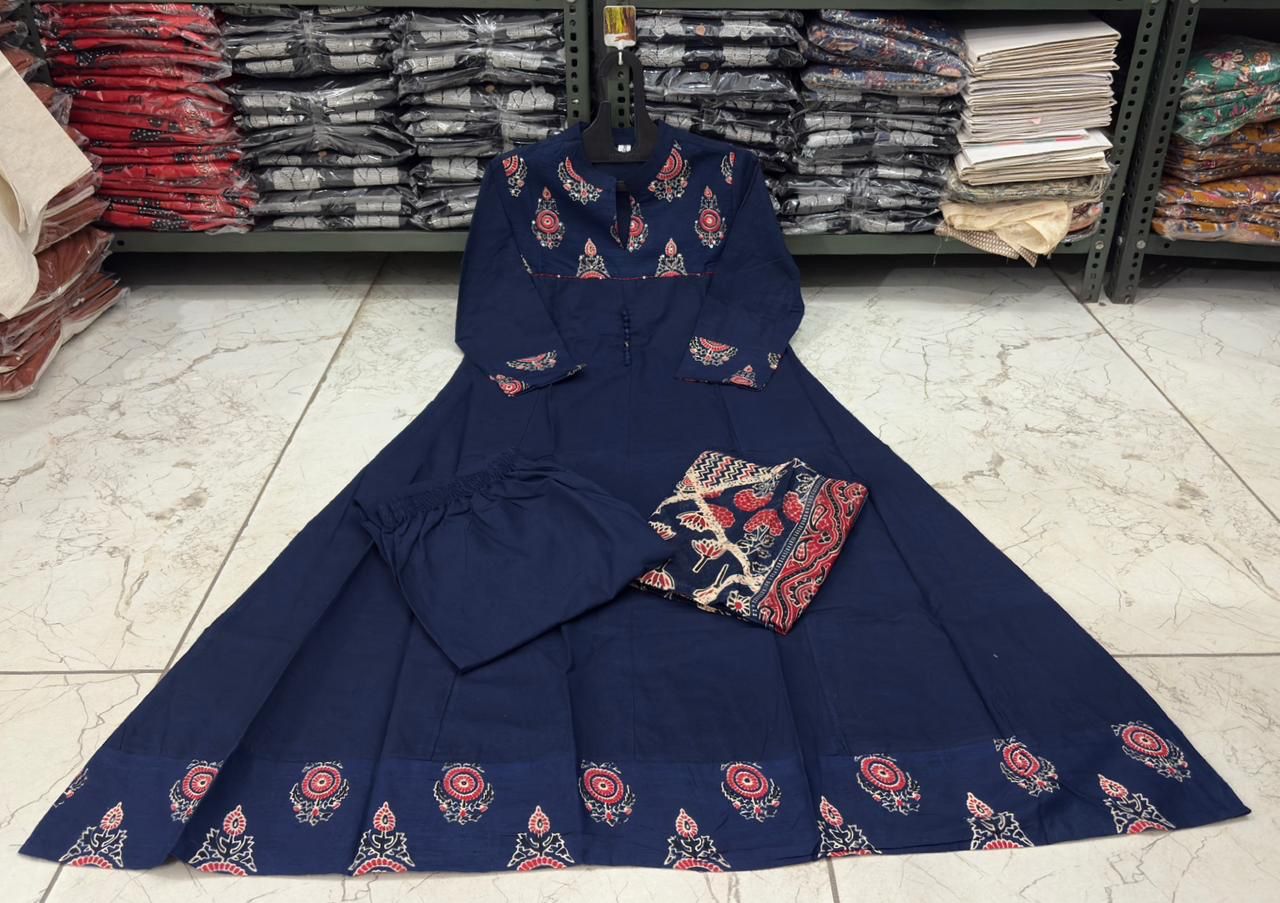 Flared Cotton Anarkali Kurta Set with Kantha Work & Dupatta