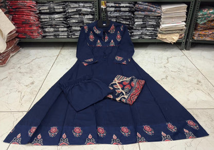 Flared Cotton Anarkali Kurta Set with Kantha Work & Dupatta