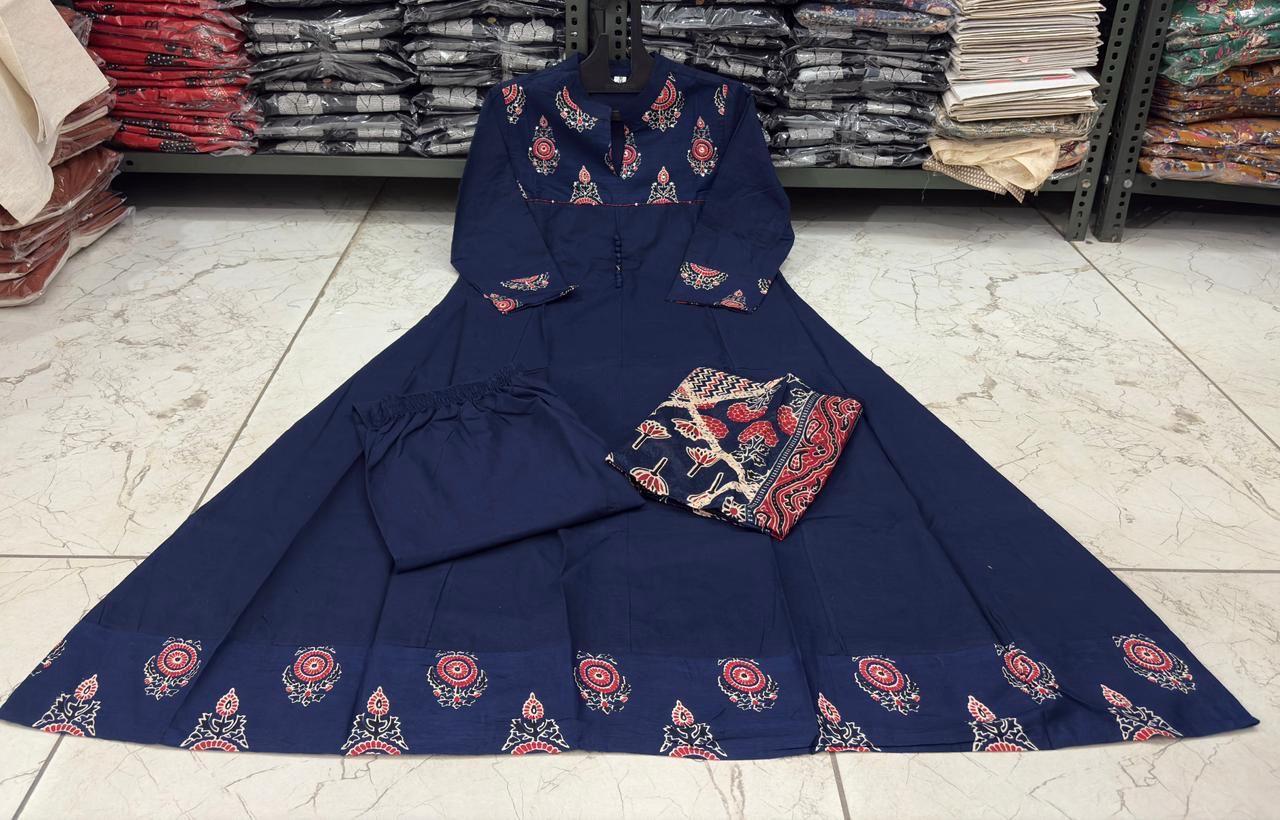 Flared Cotton Anarkali Kurta Set with Kantha Work & Dupatta