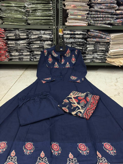 Flared Cotton Anarkali Kurta Set with Kantha Work & Dupatta