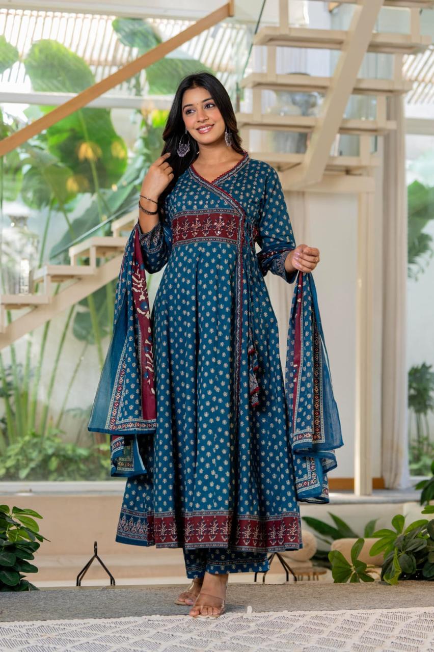 Flared Cotton Anarkali Kurta Set with Printed Pant & Dupatta