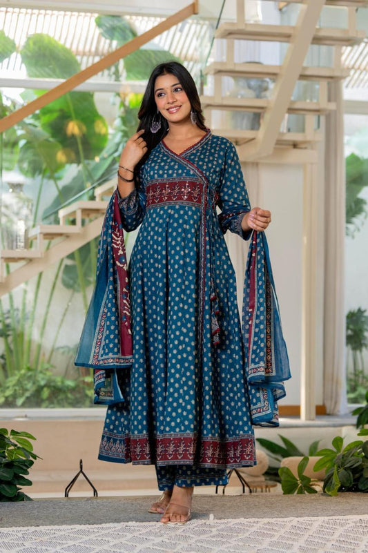 Flared Cotton Anarkali Kurta Set with Printed Pant & Dupatta