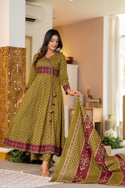 Flared Cotton Anarkali Kurta Set with Printed Pant & Dupatta