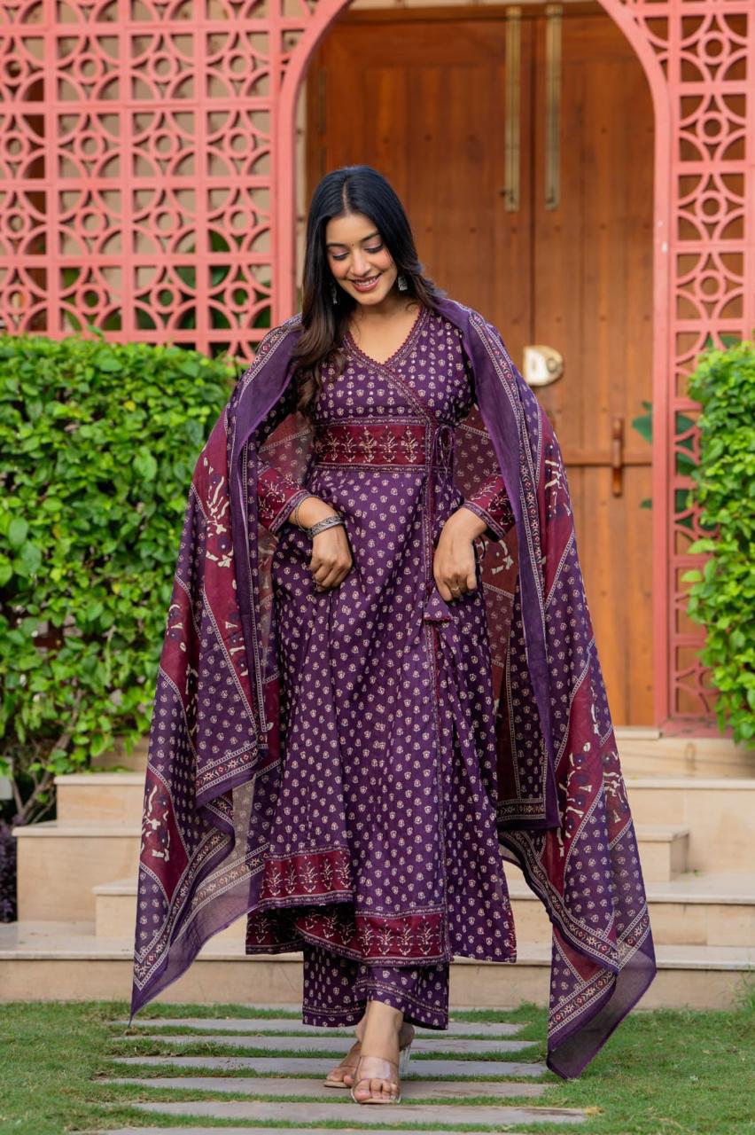 Flared Cotton Anarkali Kurta Set with Printed Pant & Dupatta