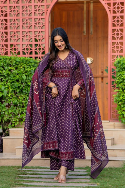Flared Cotton Anarkali Kurta Set with Printed Pant & Dupatta