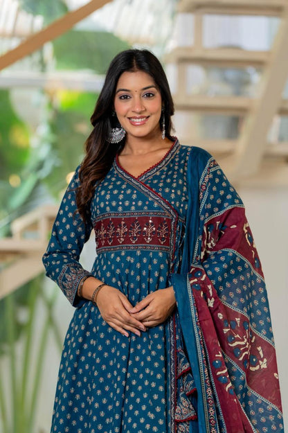 Flared Cotton Anarkali Kurta Set with Printed Pant & Dupatta