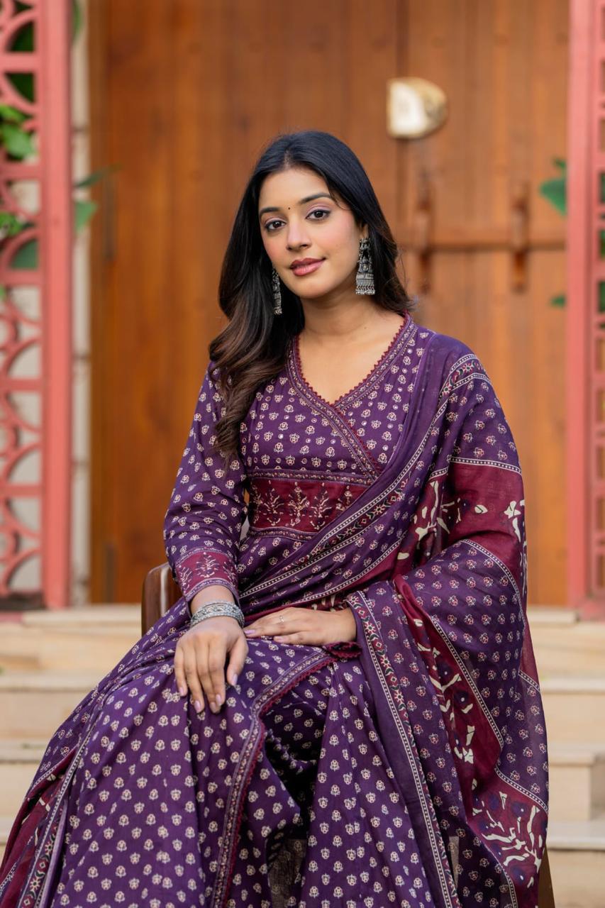 Flared Cotton Anarkali Kurta Set with Printed Pant & Dupatta