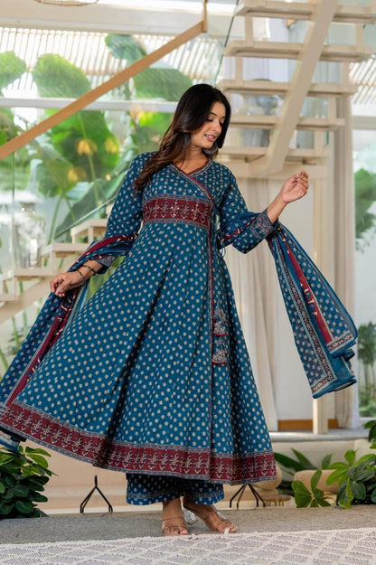 Flared Cotton Anarkali Kurta Set with Printed Pant & Dupatta