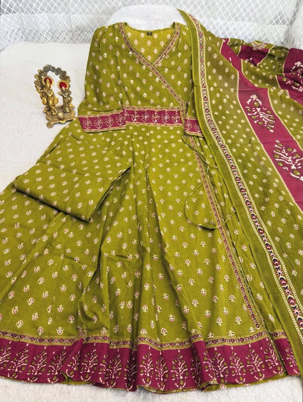 Flared Cotton Anarkali Kurta Set with Printed Pant & Dupatta