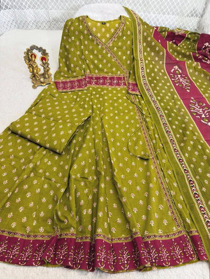 Flared Cotton Anarkali Kurta Set with Printed Pant & Dupatta