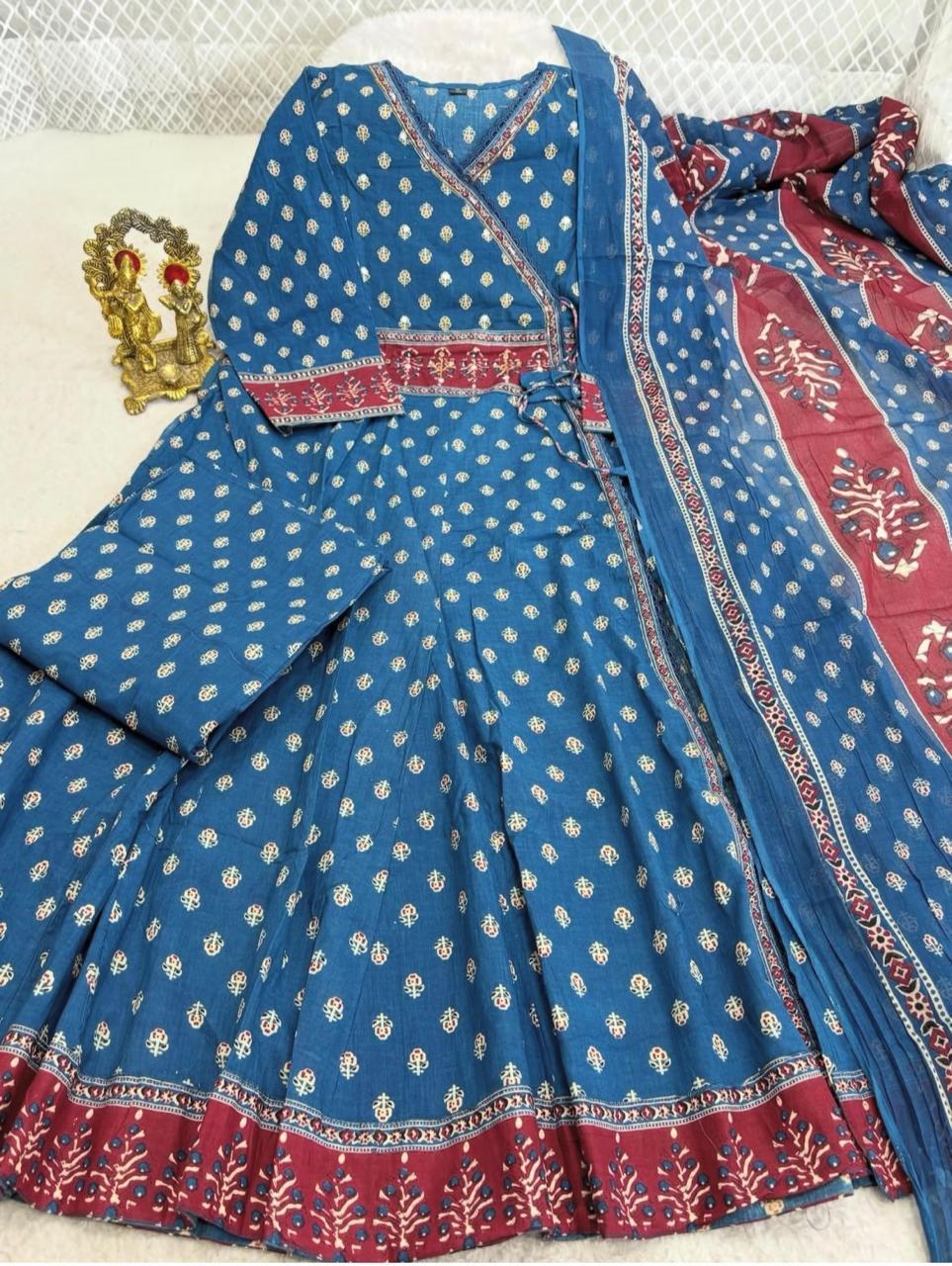 Flared Cotton Anarkali Kurta Set with Printed Pant & Dupatta