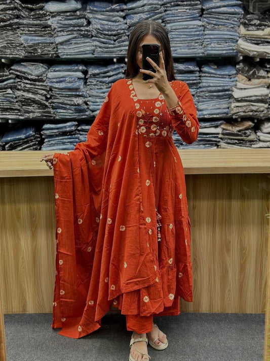 Flared Cotton Discharge Print Kurti Pant Set with Malmal Dupatta