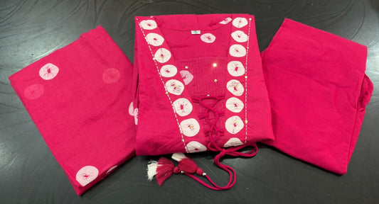 Flared Cotton Discharge Print Kurti Pant Set with Malmal Dupatta