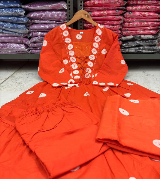 Flared Cotton Discharge Print Kurti Pant Set with Malmal Dupatta