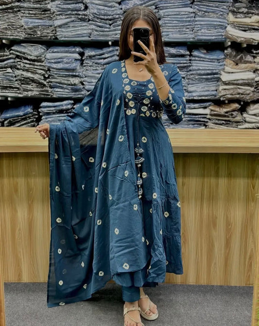 Flared Cotton Discharge Printed Kurti Set with Pant & Malmal Dupatta