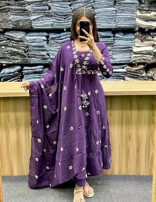 Flared Cotton Discharge Printed Kurti Set with Pant & Malmal Dupatta