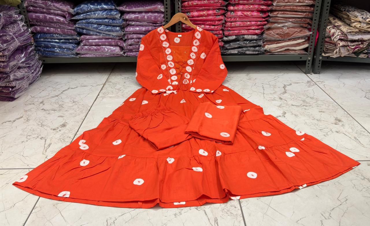 Flared Cotton Discharge Printed Kurti Set with Pant & Malmal Dupatta