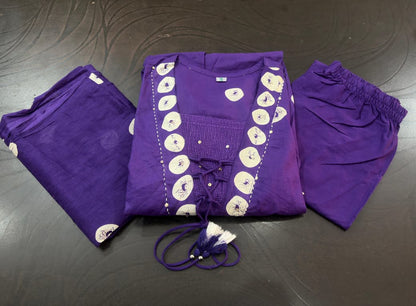 Flared Cotton Discharge Printed Kurti Set with Pant & Malmal Dupatta