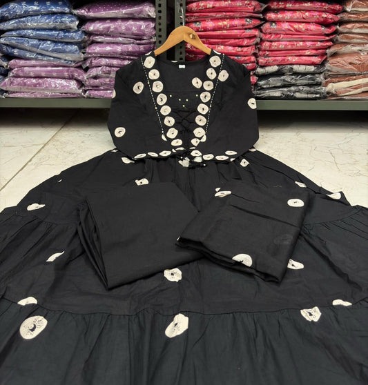 Flared Cotton Discharge Printed Kurti Set with Pant & Malmal Dupatta
