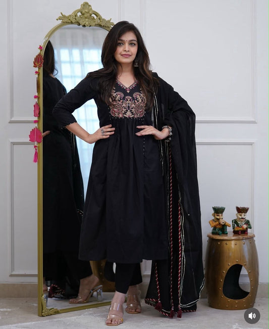Flared Cotton Ghera Kurti Suit Set with Sequence Embroidery, Pant & Malmal Dupatta