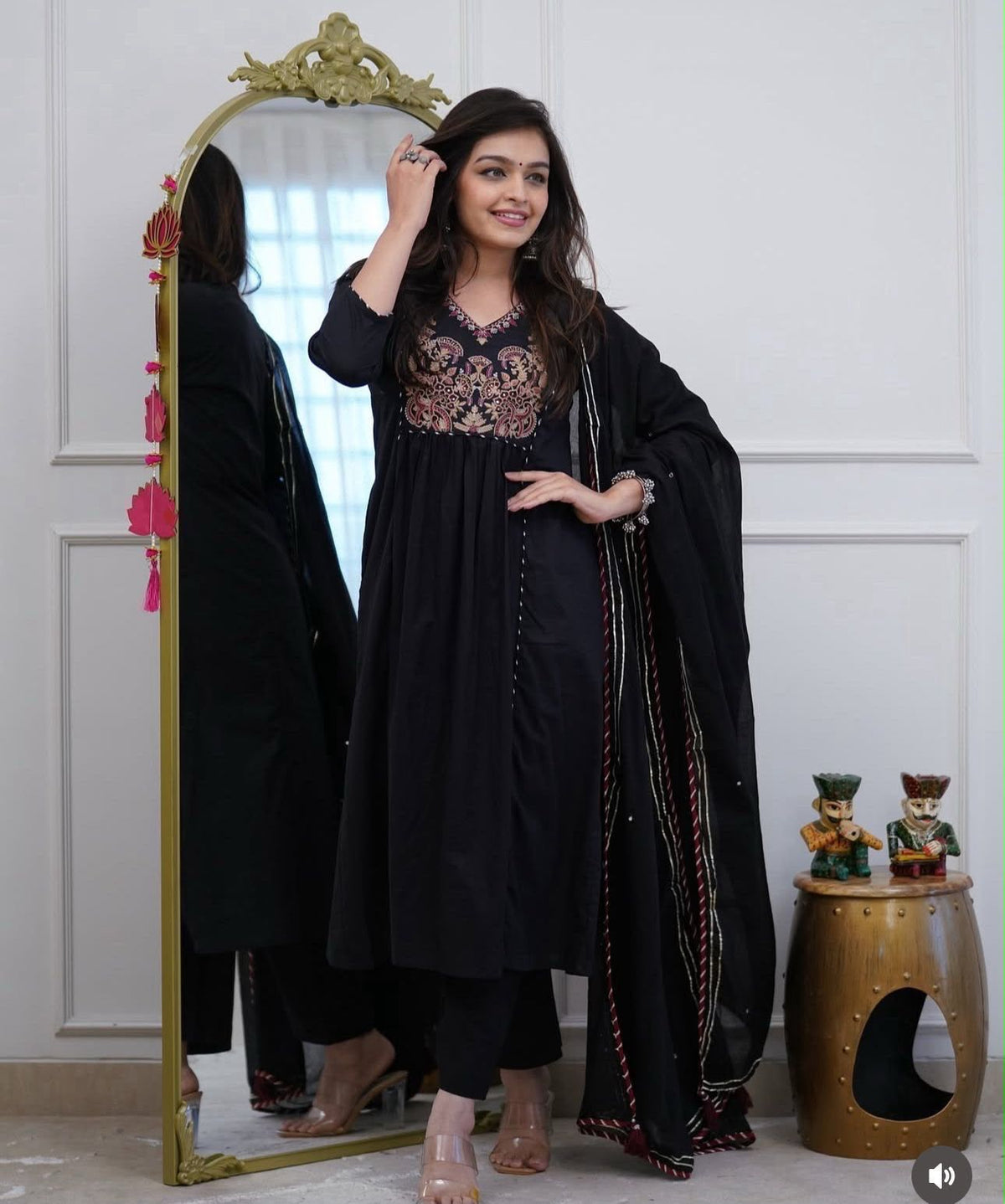 Flared Cotton Ghera Kurti Suit Set with Sequence Embroidery, Pant & Malmal Dupatta