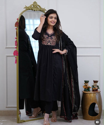 Flared Cotton Ghera Kurti Suit Set with Sequence Embroidery, Pant & Malmal Dupatta