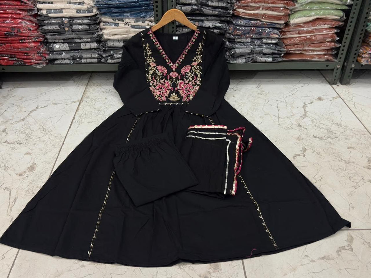 Flared Cotton Ghera Kurti Suit Set with Sequence Embroidery, Pant & Malmal Dupatta