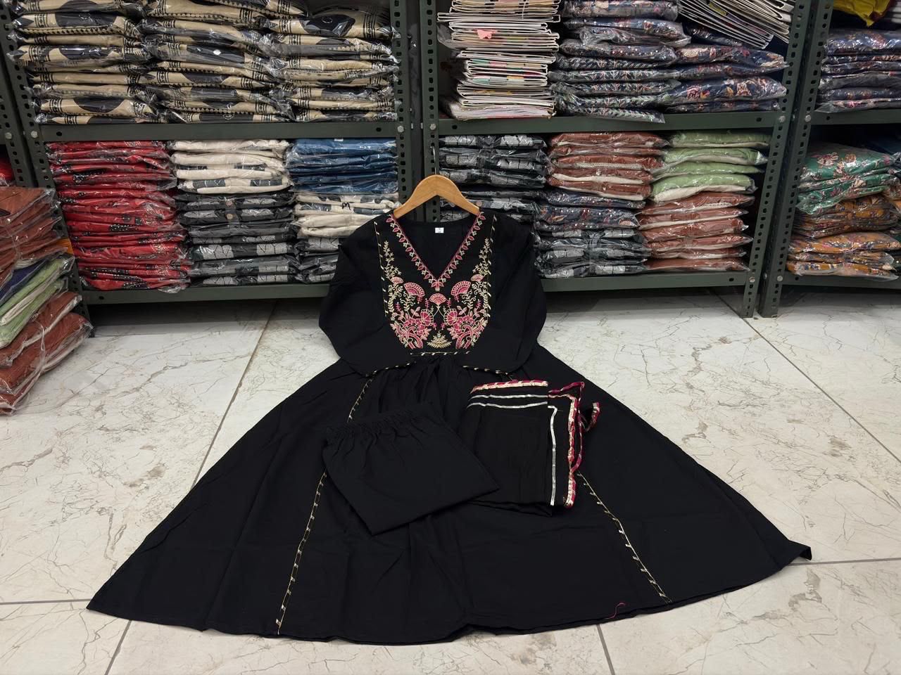 Flared Cotton Ghera Kurti Suit Set with Sequence Embroidery, Pant & Malmal Dupatta