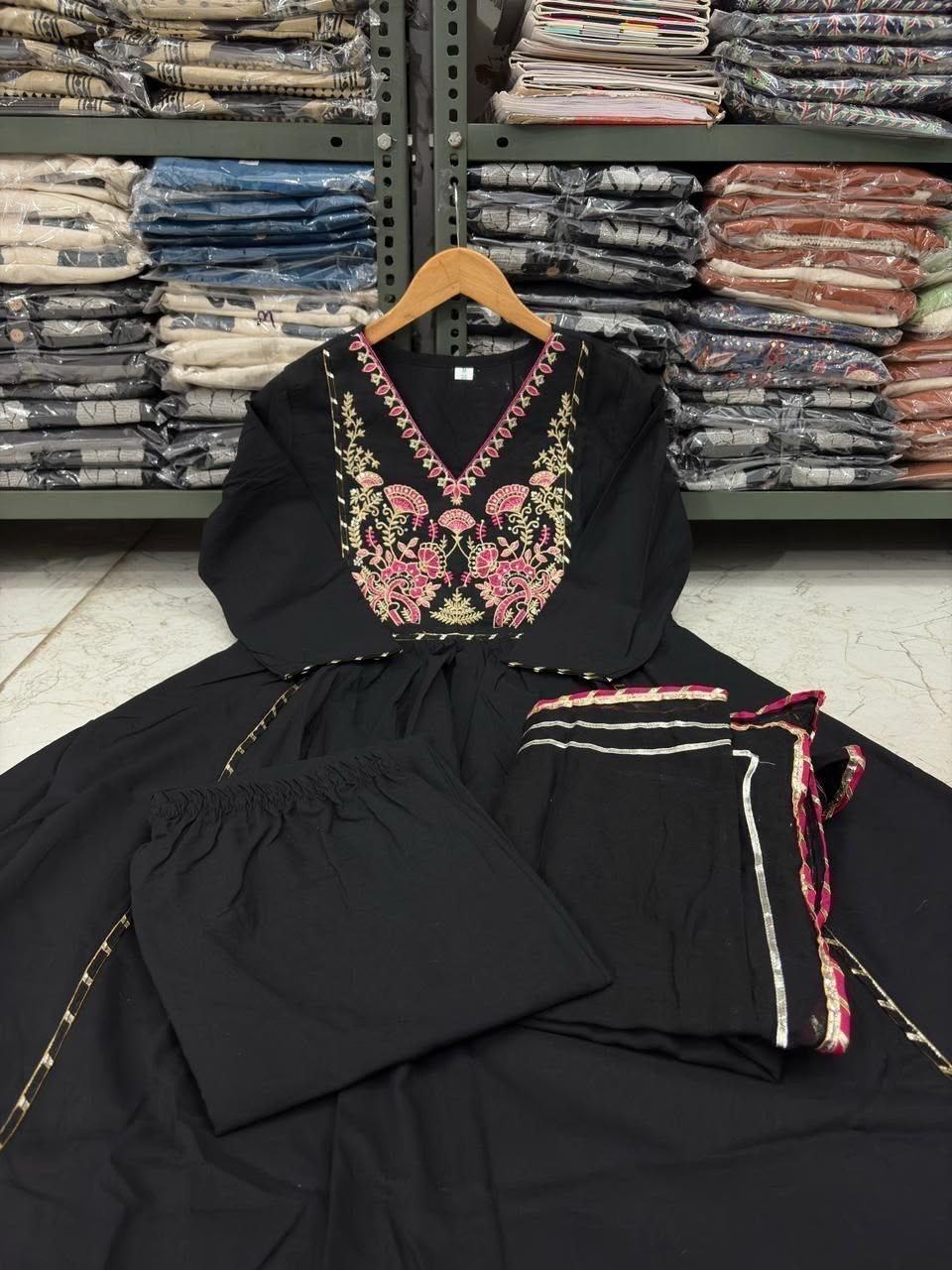 Flared Cotton Ghera Kurti Suit Set with Sequence Embroidery, Pant & Malmal Dupatta