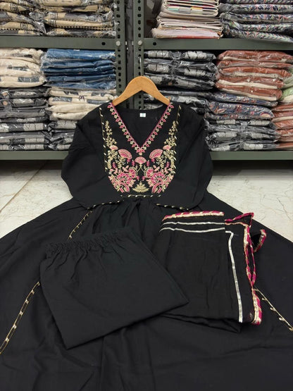 Flared Cotton Ghera Kurti Suit Set with Sequence Embroidery, Pant & Malmal Dupatta
