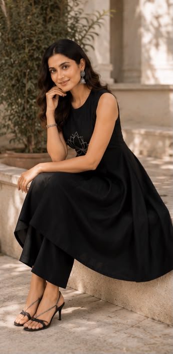 Flared Cotton Kurti Pant Set with Sequence & Thread Embroidery Work