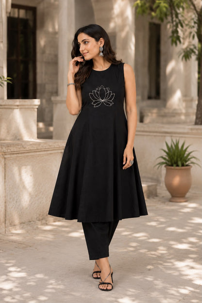 Flared Cotton Kurti Pant Set with Sequence & Thread Embroidery Work