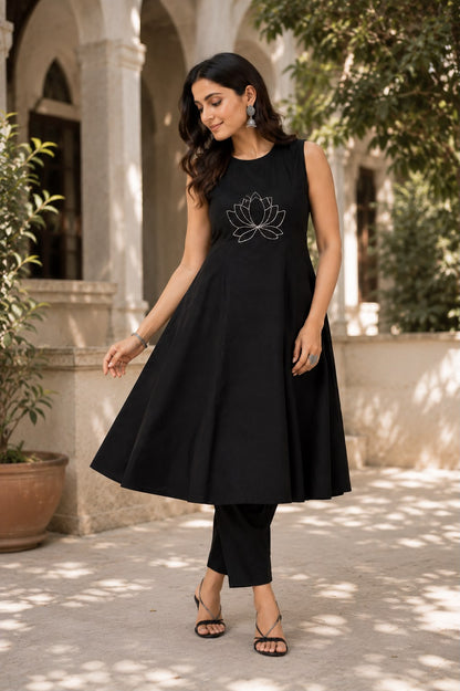 Flared Cotton Kurti Pant Set with Sequence & Thread Embroidery Work
