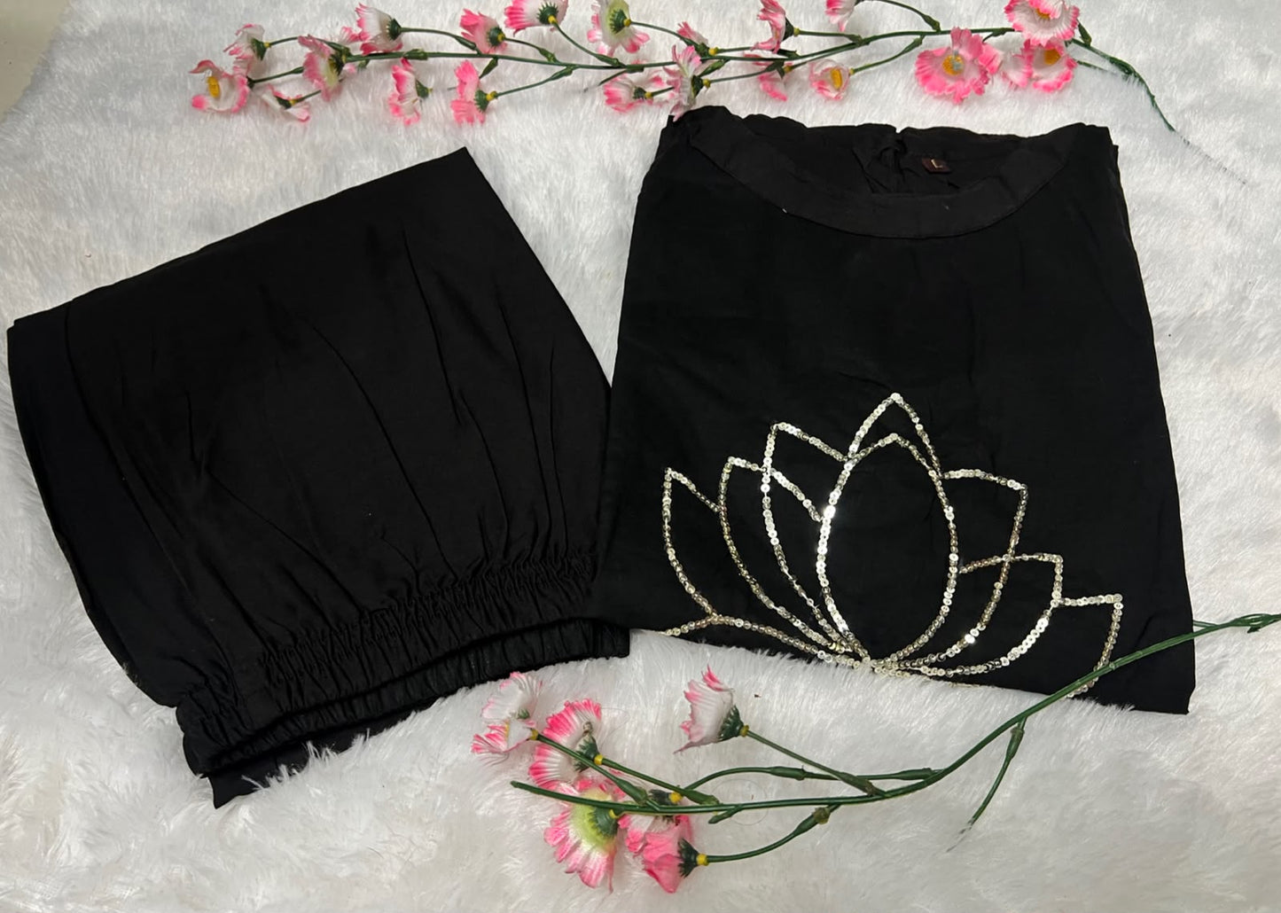 Flared Cotton Kurti Pant Set with Sequence & Thread Embroidery Work