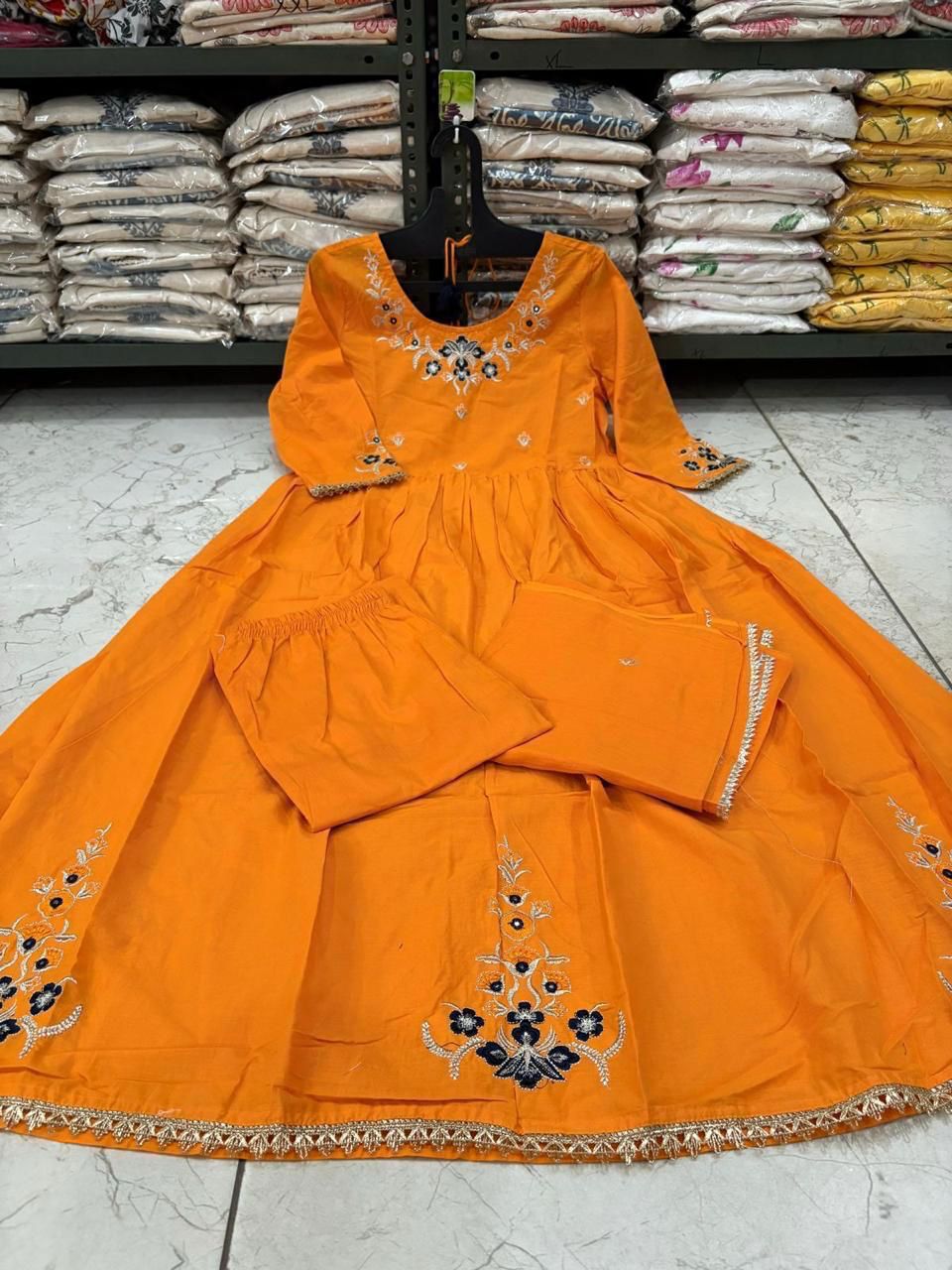 Flared Cotton Kurti Set with Embroidery & Malmal Dupatta