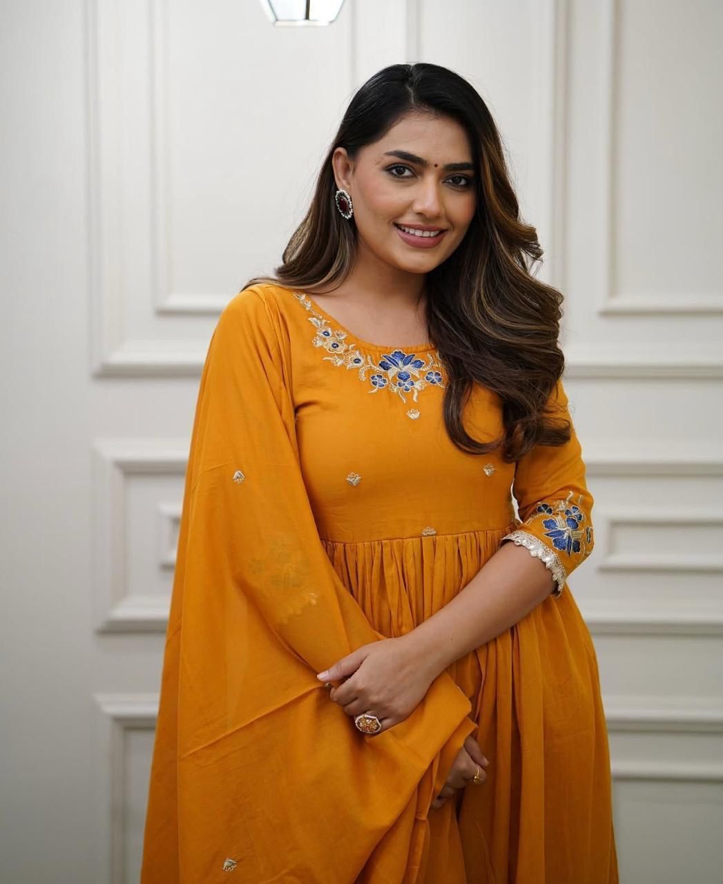 Flared Cotton Kurti Set with Embroidery & Malmal Dupatta