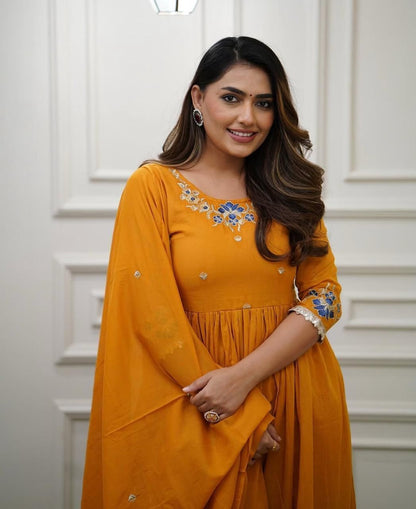 Flared Cotton Kurti Set with Embroidery & Malmal Dupatta