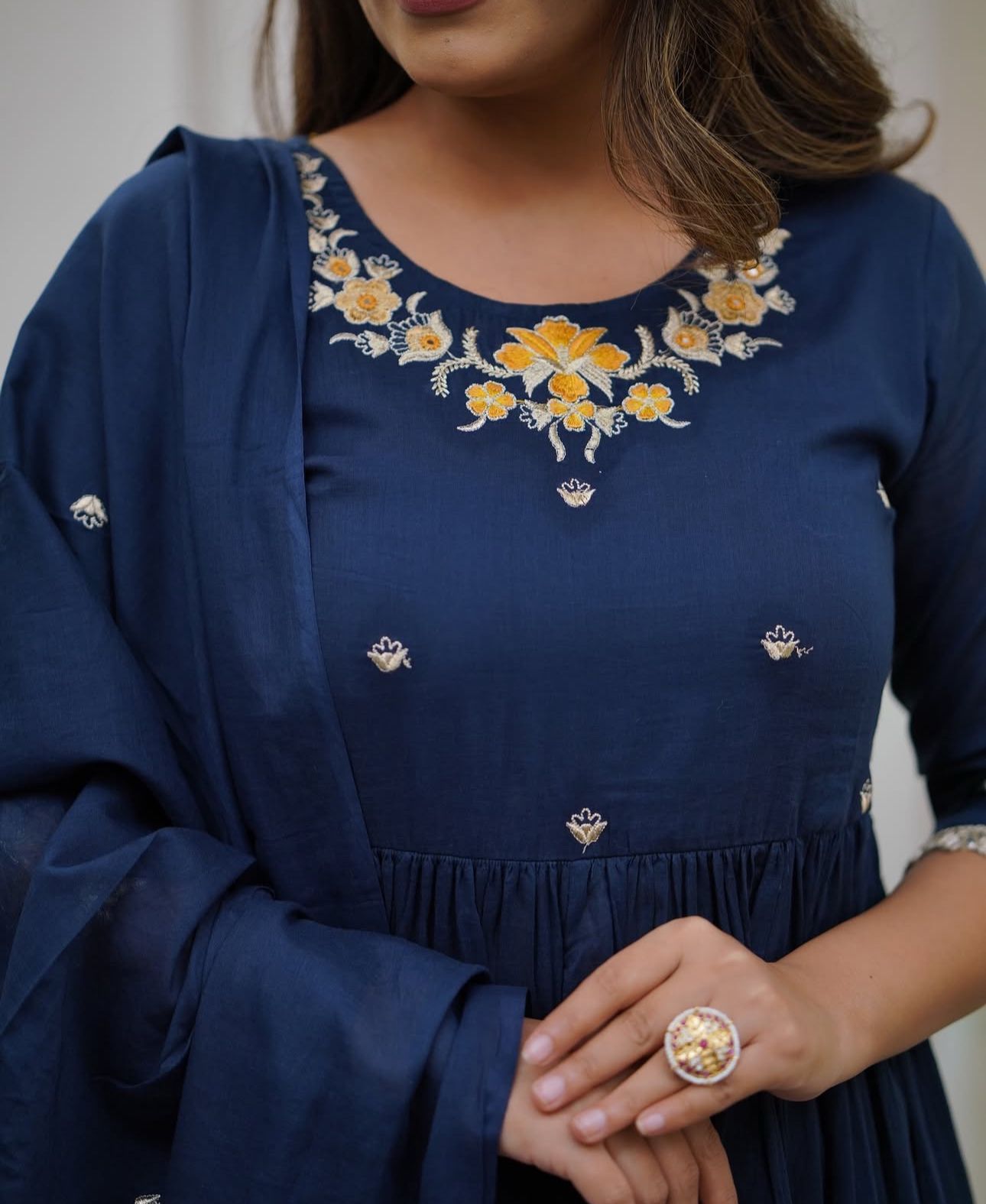 Flared Cotton Kurti Set with Embroidery & Malmal Dupatta