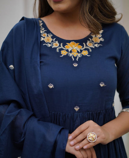 Flared Cotton Kurti Set with Embroidery & Malmal Dupatta