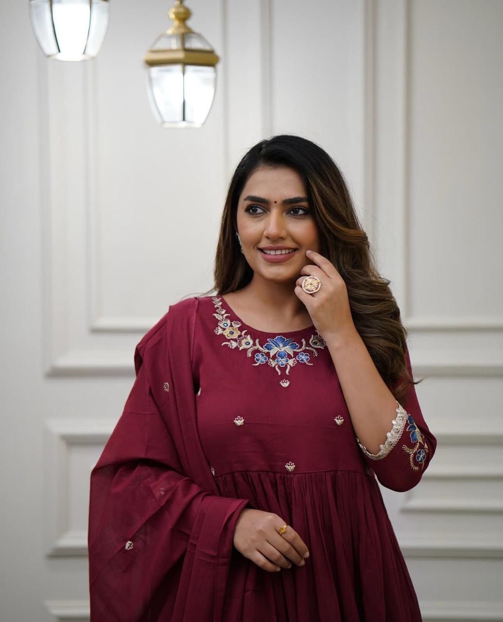 Flared Cotton Kurti Set with Embroidery & Malmal Dupatta