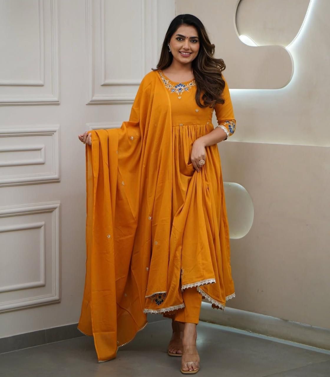 Flared Cotton Kurti Set with Embroidery & Malmal Dupatta