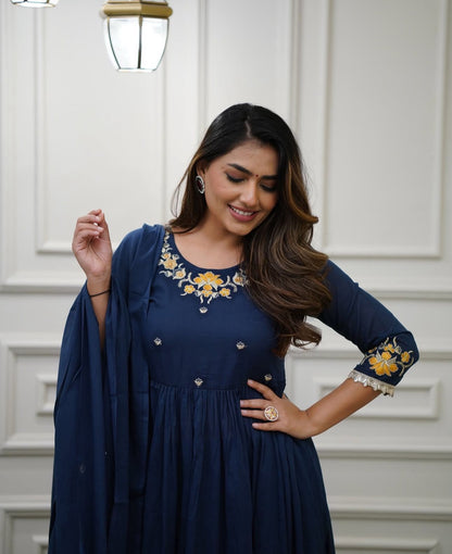 Flared Cotton Kurti Set with Embroidery & Malmal Dupatta