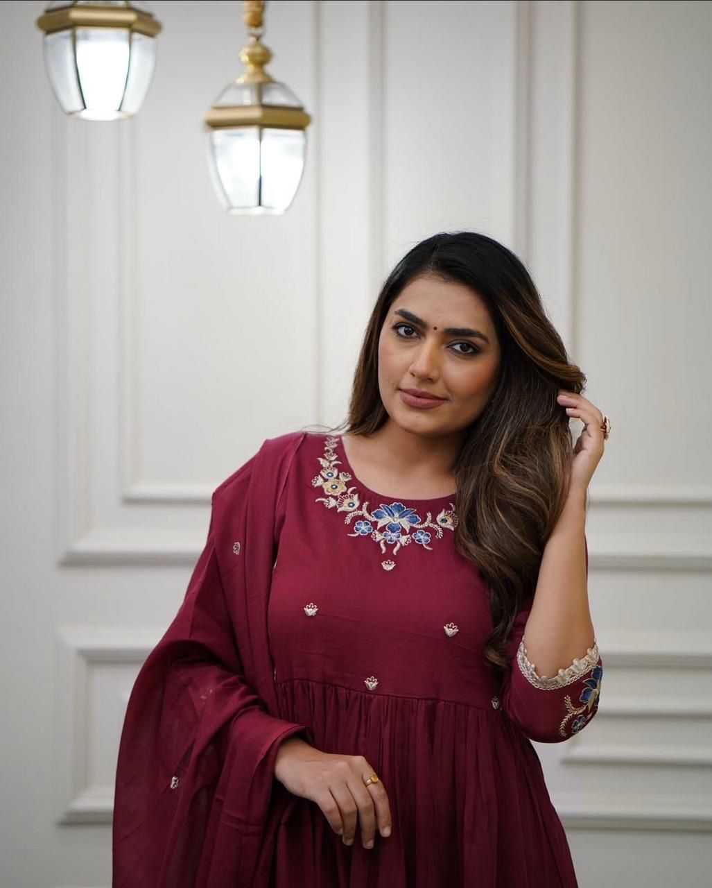 Flared Cotton Kurti Set with Embroidery & Malmal Dupatta