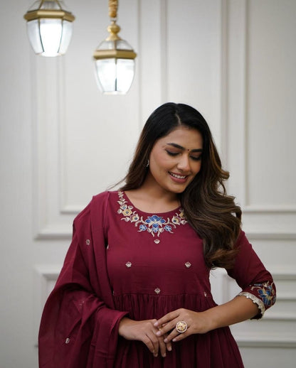 Flared Cotton Kurti Set with Embroidery & Malmal Dupatta