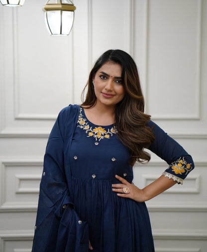 Flared Cotton Kurti Set with Embroidery & Malmal Dupatta