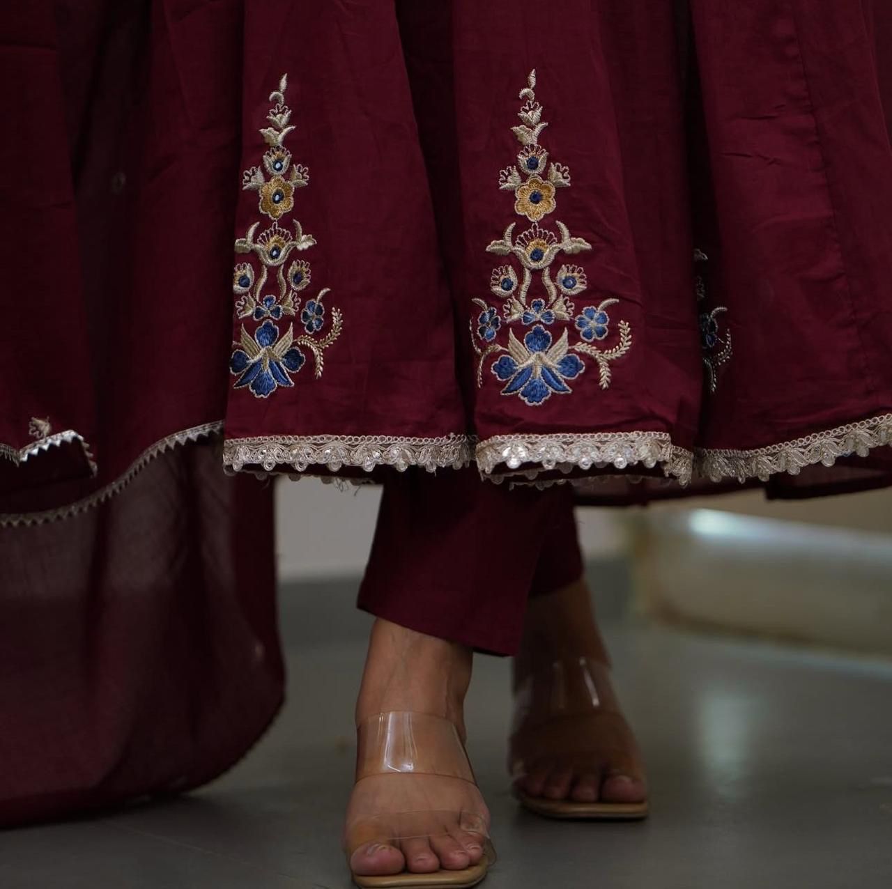 Flared Cotton Kurti Set with Embroidery & Malmal Dupatta