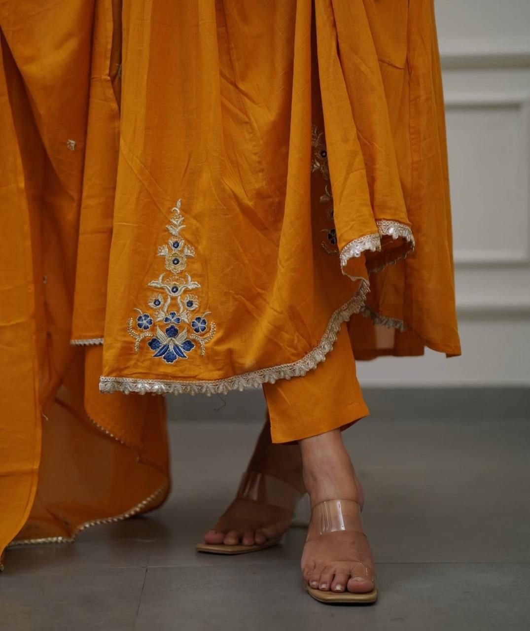 Flared Cotton Kurti Set with Embroidery & Malmal Dupatta